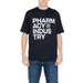 Young boy in black urban style Pharmacy Men T-Shirt reading ’pharm acy indusus try’