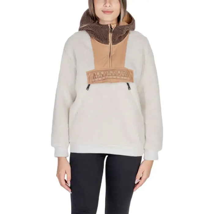 Beige and brown fleece pullover hoodie with kangaroo pocket, Napapijri Women Jacket