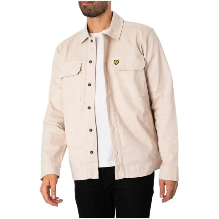 Lyle & Scott Men Shirt Beige button-up shirt jacket with chest pockets and small yellow logo