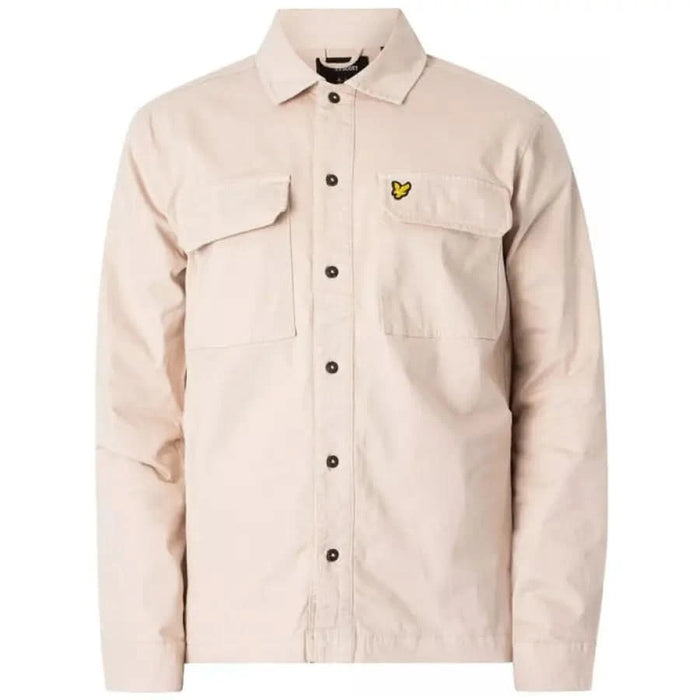 Lyle & Scott Men Shirt Beige Button-Up with Chest Pockets and Yellow Logo