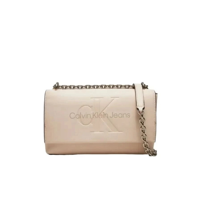 Beige Calvin Klein Jeans handbag with chain strap and embossed logo for women