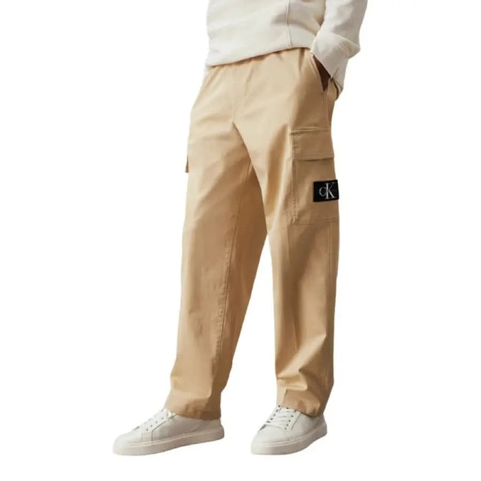 Calvin Klein beige cargo pants with CK logo patch on side pocket for men