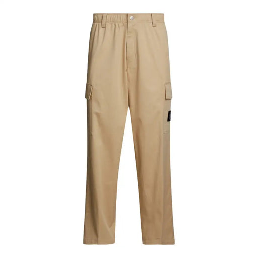 Calvin Klein Men Trousers Beige Cargo Pants with Side Pockets and Button Closure