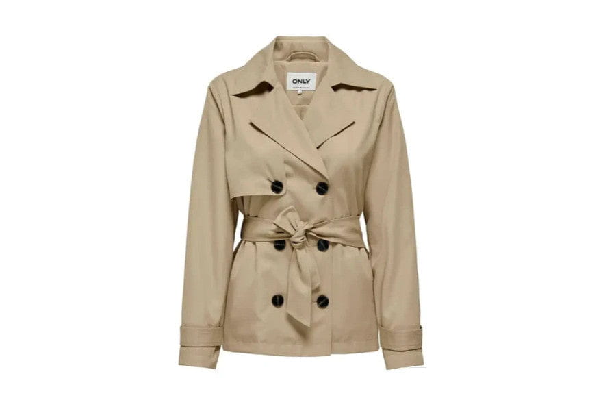 Beige double-breasted trench coat with a belt exemplifying old money style elegance look.