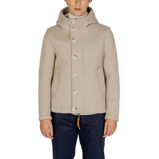 Beige hooded jacket with button closures and side pockets from Hydra Clothing