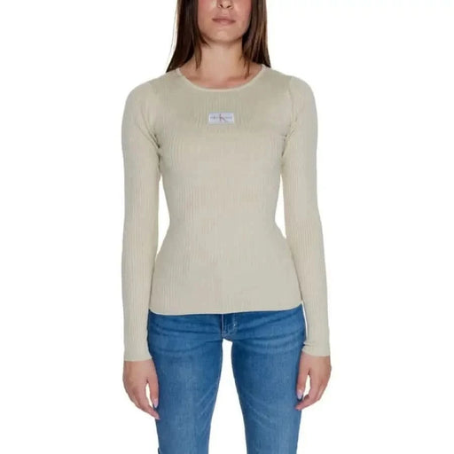 Beige long-sleeved fitted top with logo patch from Calvin Klein Jeans Women Knitwear