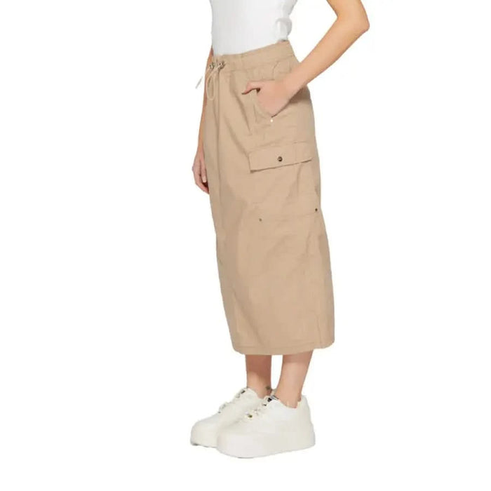 Street One Beige Midi Cargo Skirt for Women with Side Pockets and Drawstring Waist