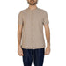 Hamaki-ho Men’s Beige Short-Sleeved Button-Up Shirt with Mandarin Collar