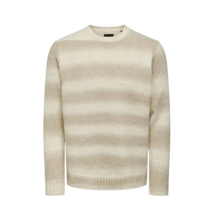 Beige striped crew neck sweater with gradient shading from Only & Sons Men Knitwear