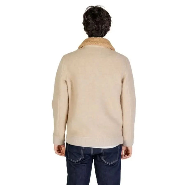 Beige sweater with collared neckline showcased from the back by Hydra Clothing