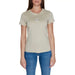 Calvin Klein Jeans Women T-Shirt: Beige tee with logo, worn by model in blue jeans