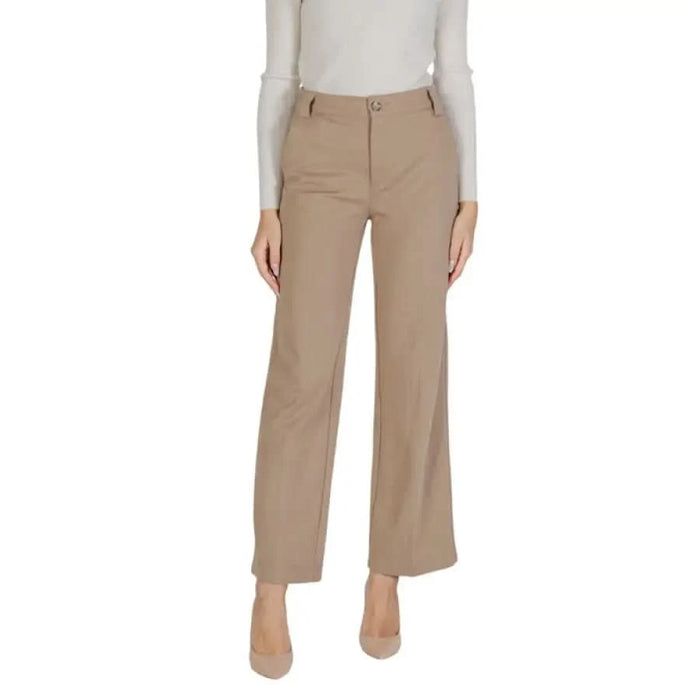 Beige wide-leg dress pants with front pockets by Street One for women