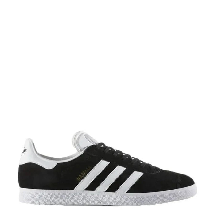 Black Adidas Gazelle sneaker featuring white stripes and sole for men