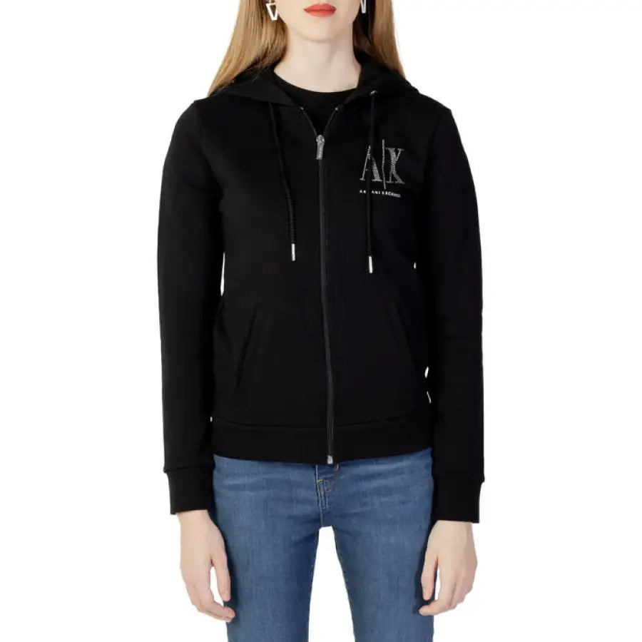 
                      
                        Black Armani Exchange zip-up hoodie with chest logo for women
                      
                    