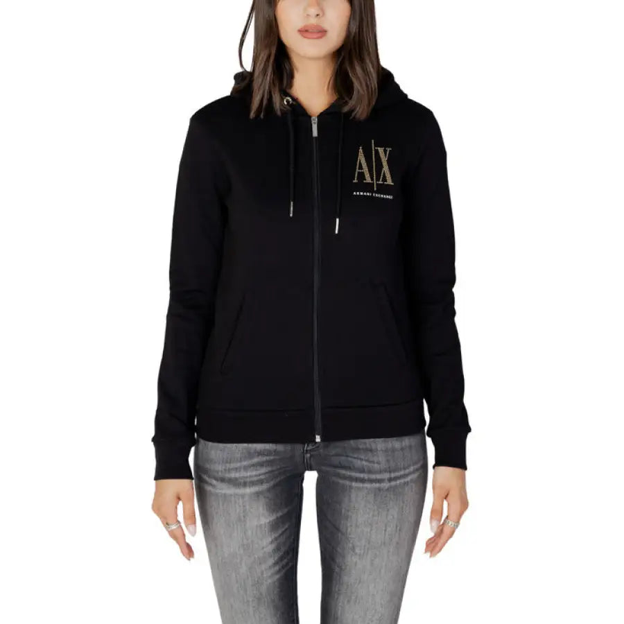 Black Armani Exchange zip-up hoodie with gold ’AX’ logo for women