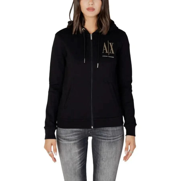 Black Armani Exchange zip-up hoodie with gold ’AX’ logo for women