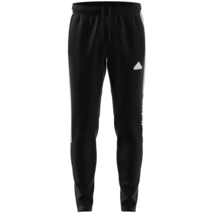 Black Adidas athletic sweatpants with white stripes and logo for men