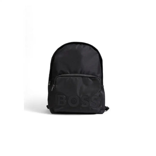 Black BOSS backpack featuring embossed logo on front pocket for men