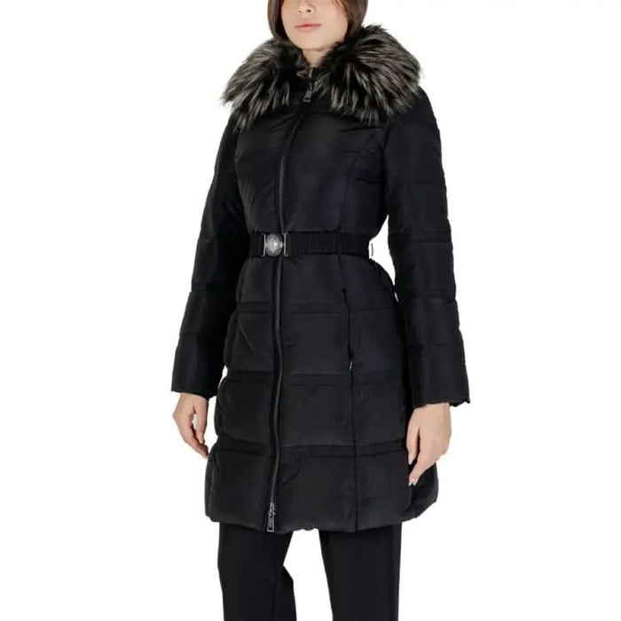 Black belted puffer coat with faux fur trim for Guess Women Jacket