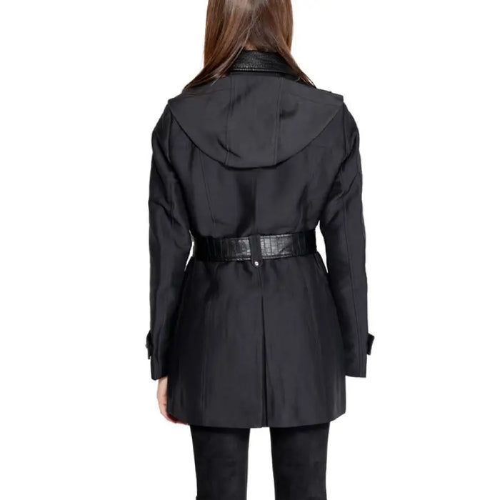 Black belted trench coat from the back, showcasing Morgan De Toi Women Jacket design