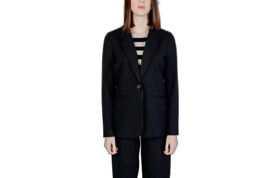 Black blazer with single button over striped top, perfect for summer outfit ideas to shop.