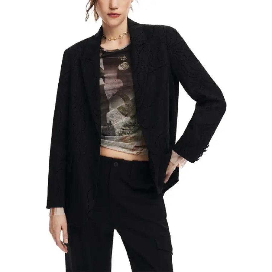 Desigual Women’s Blazer - Black blazer layered over a graphic t-shirt for a chic look