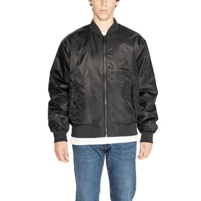 Black bomber jacket with front zipper closure from Calvin Klein Men Jacket collection