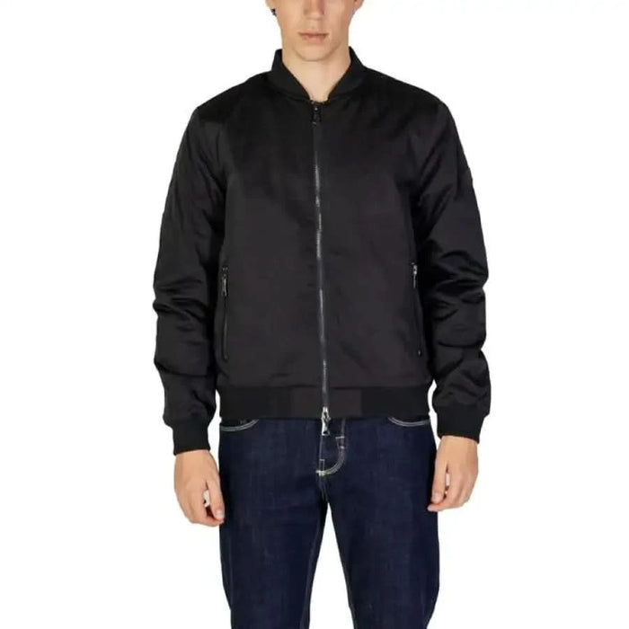 Black bomber jacket with front zipper and ribbed collar from Gianni Lupo Men Jacket