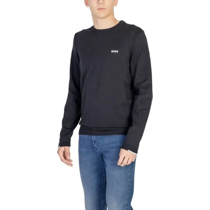 Black BOSS crewneck sweatshirt for men with long sleeves in knitwear collection