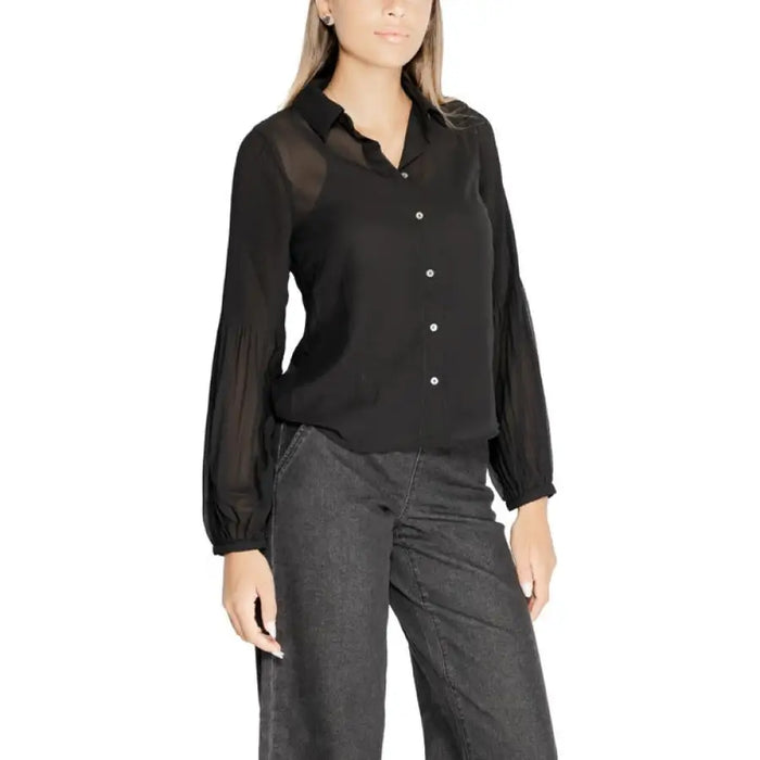 Black button-up blouse with long sheer sleeves from Only Women Shirt collection