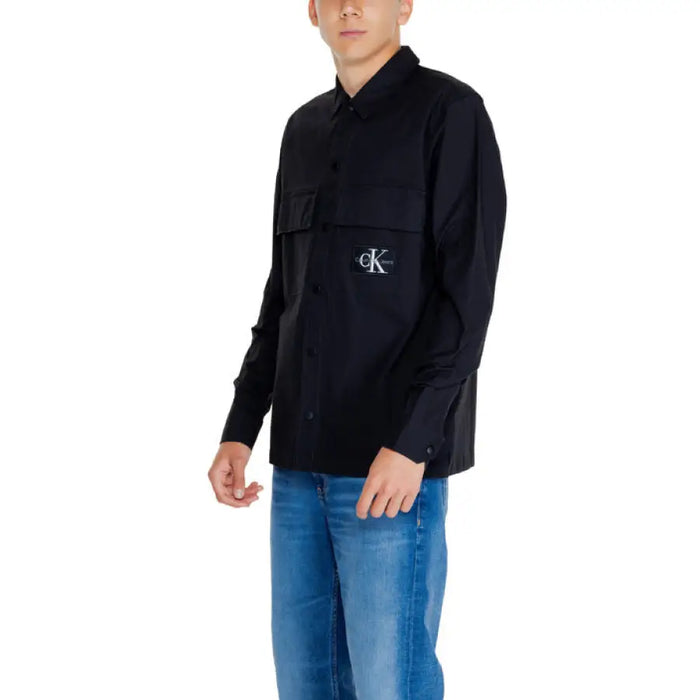 Black CK button-up shirt with chest pockets over blue jeans - Calvin Klein Jeans Men Shirt