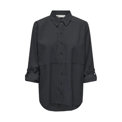 Black button-up shirt with rolled-up sleeves and collar by Jacqueline De Yong