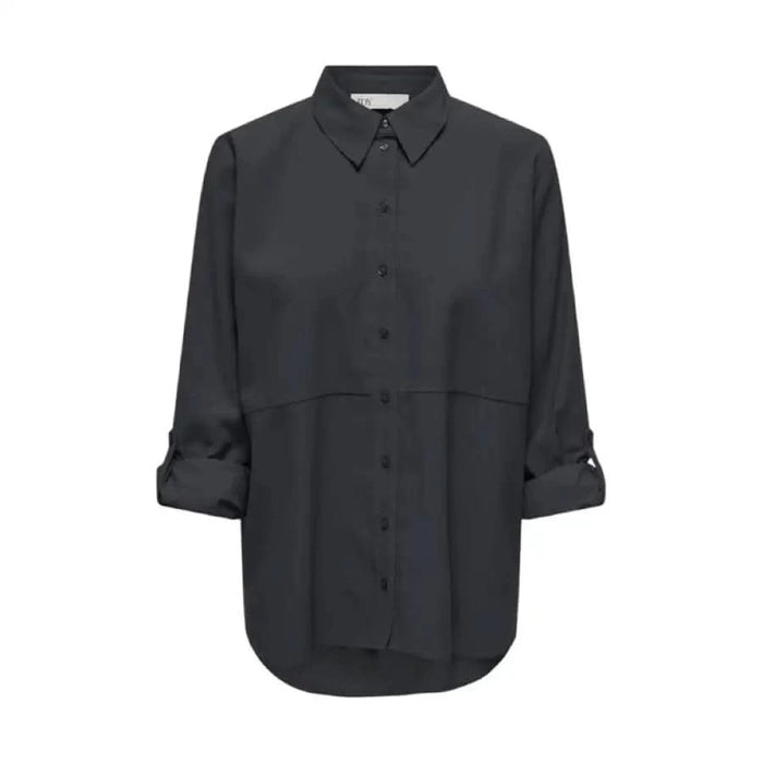 Black button-up shirt with rolled-up sleeves and collar by Jacqueline De Yong