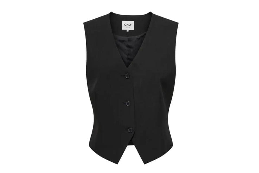 Black buttoned vest perfect for stylish holiday outfits in a capsule wardrobe.