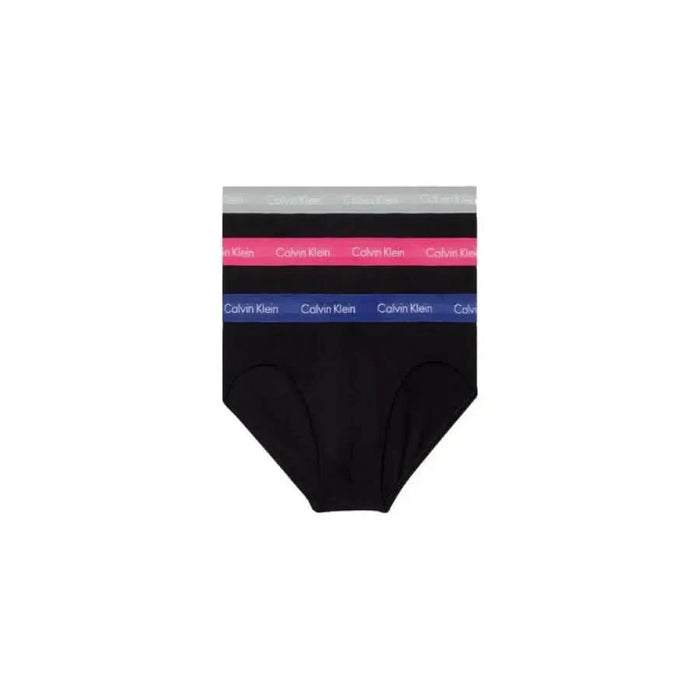 Black Calvin Klein underwear with colorful waistbands featuring the brand name