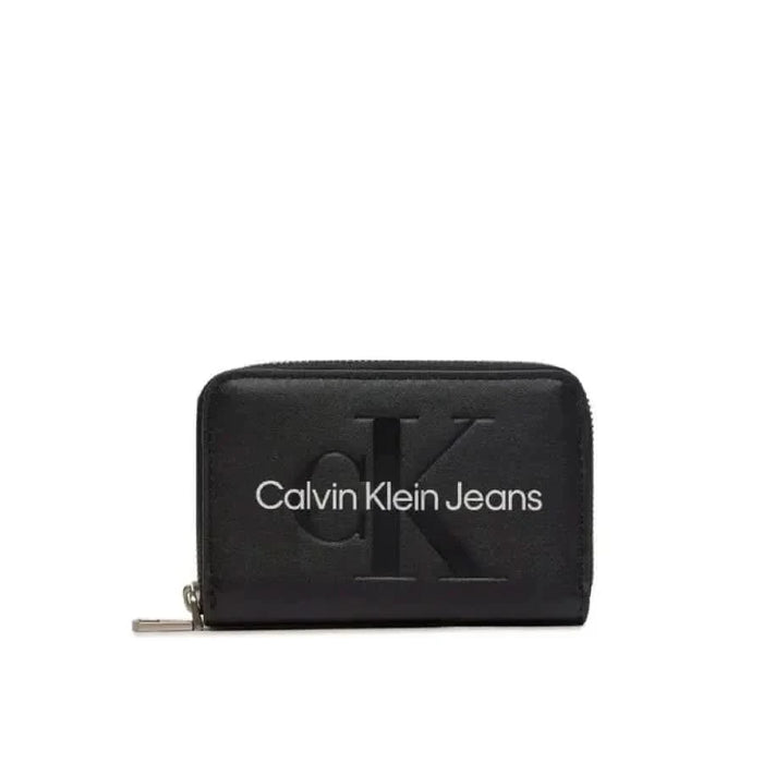 Black Calvin Klein Jeans wallet with embossed logo and secure zipper closure