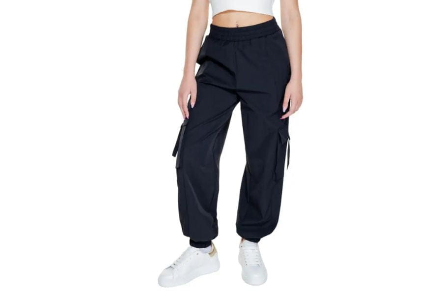 Black cargo pants with pockets and elastic cuffs, ideal for summer outfit ideas to shop.