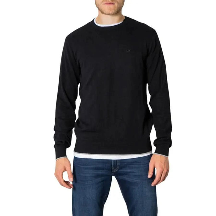 Black crew neck sweater over white undershirt from Armani Exchange Men Knitwear