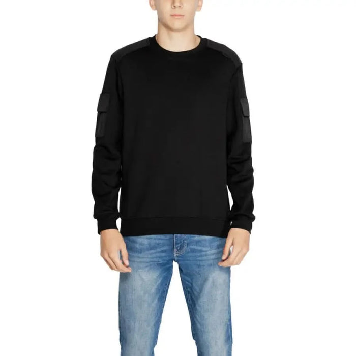 Antony Morato Men Sweatshirts Black Crewneck with Shoulder Patches Over Blue Jeans