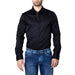 Armani Exchange Men Shirt: Black dress shirt tucked into blue jeans