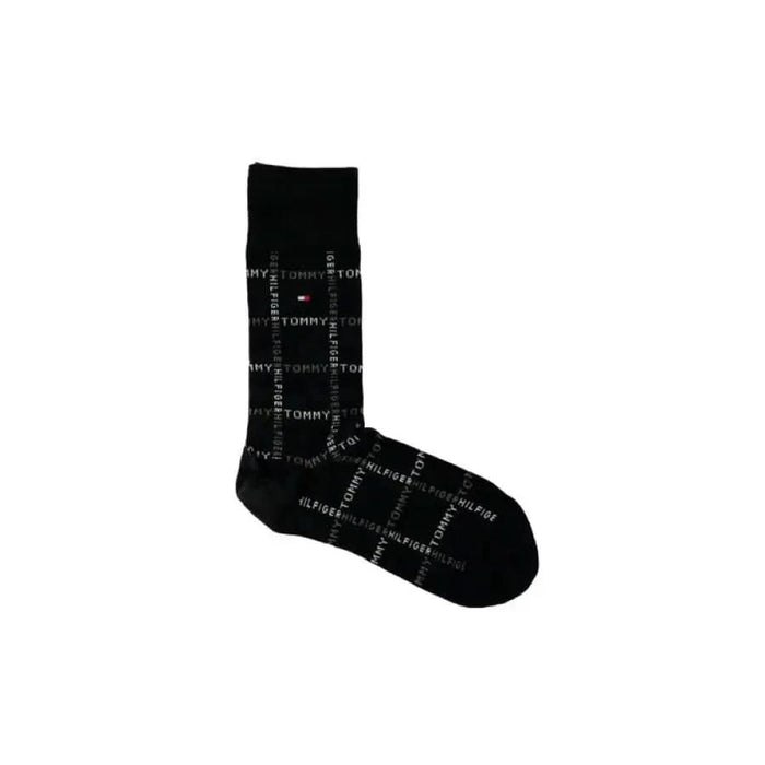 Black dress sock with repeating Tommy and Hilfiger text pattern from Tommy Hilfiger Men Underwear