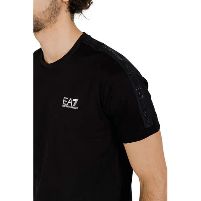 Black EA7 Emporio Armani T-shirt with logo on chest and patterned shoulder stripe