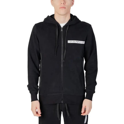 Emporio Armani Men Sweatshirt in black with logo on chest zip-up hoodie