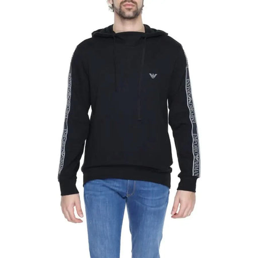 Emporio Armani black hoodie with logo tape on sleeves from Emporio Armani Men Sweatshirts