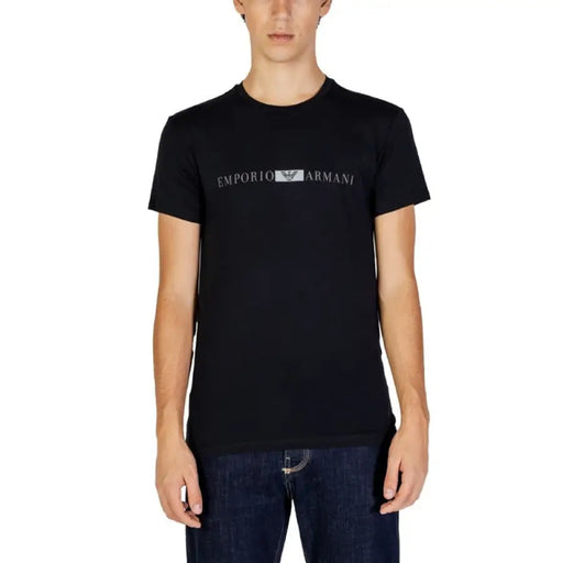 Black Emporio Armani logo t-shirt with dark text for men’s underwear collection