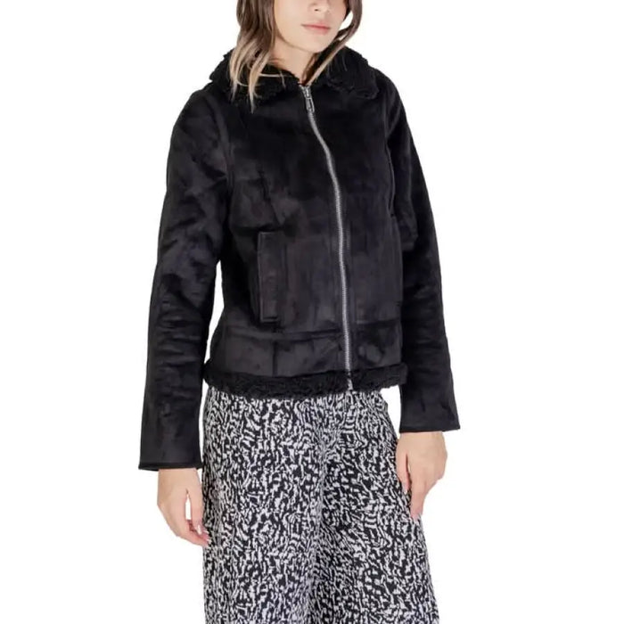 Black faux fur zip-up jacket with long sleeves from Street One for women