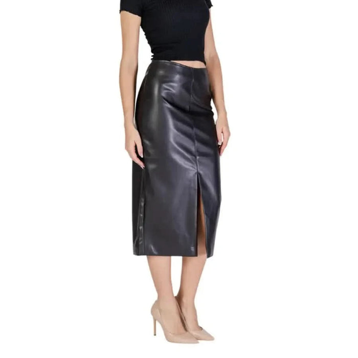 Black faux leather midi skirt with side slit from Ichi Women Skirt collection