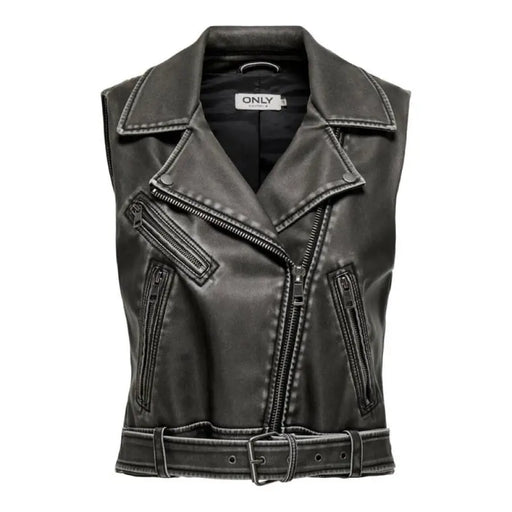 Black faux leather sleeveless motorcycle vest with belt and zipper details by Only