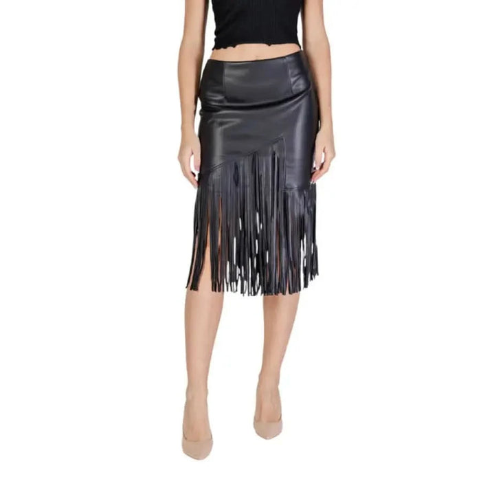 Black faux leather midi skirt with fringe trim from Vila Clothes for women