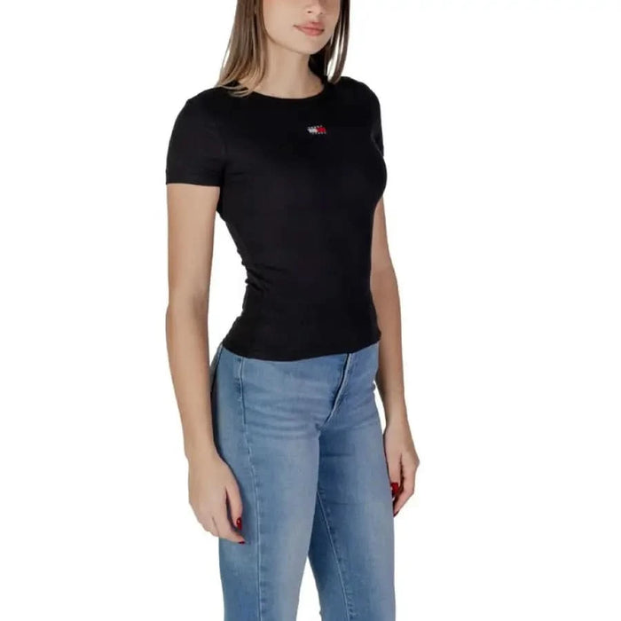 Black fitted Tommy Hilfiger t-shirt with logo for women by Tommy Hilfiger Jeans